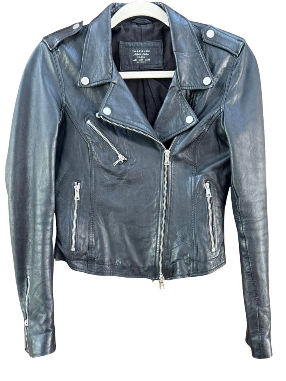 Zara Trafaluc Medium Black Genuine Sheep Leather Moto Biker Jacket